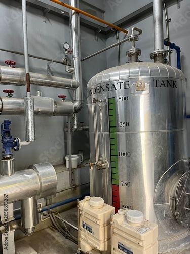 Steam utility equipment and distribution pipelines inside a food manufacturing facility. Industrial infrastructure supporting process heating, steam generation, and production operations.