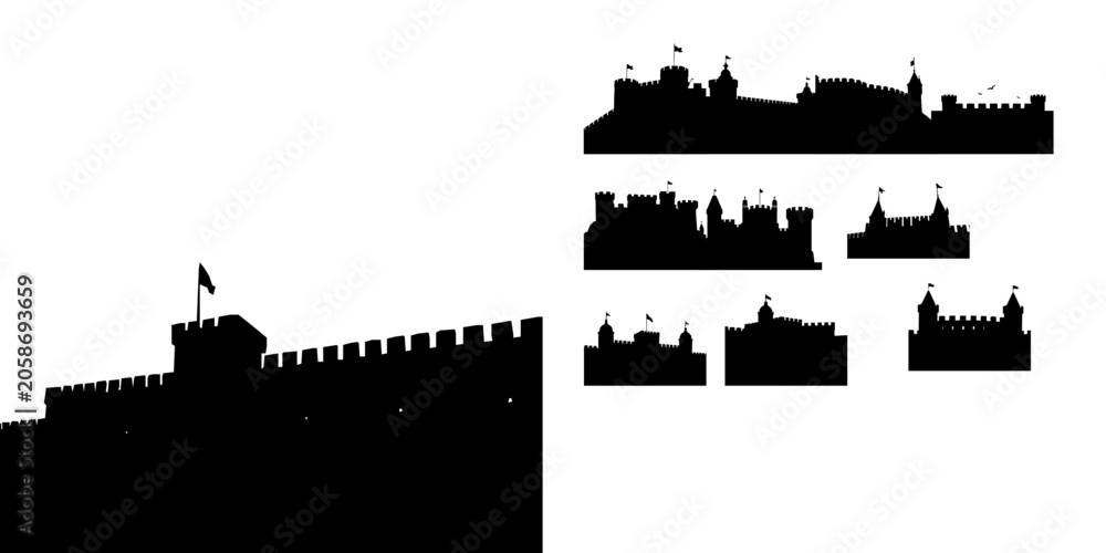Obraz premium Fortress Wall Battlements Silhouette Clean Outline Vector Icon Pack