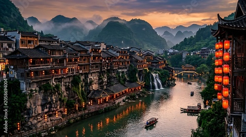 Lantern Lit Ancient Riverside Village Glowing at Sunset in Misty Mountain Valley