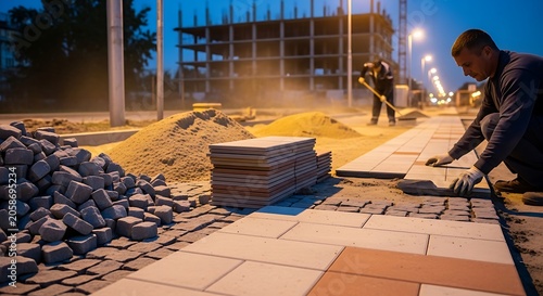 Construction Workers Laying Paving Slabs on Urban Sidewalk at Dusk