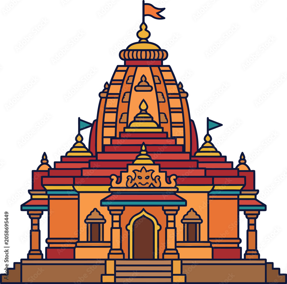 Obraz premium Ornate Hindu mandir building vector illustration with traditional architecture and flags