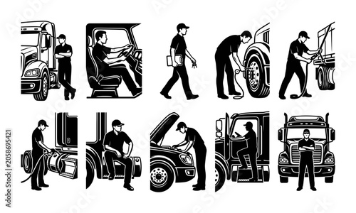 Set of Monochrome Vector Illustrations Depicting Professional Truck Drivers Performing Daily Vehicle Maintenance and Transport Tasks