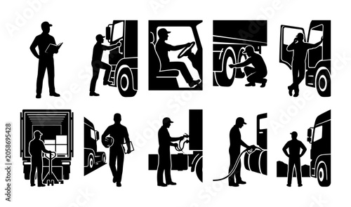 Set of black silhouettes featuring professional truck drivers performing various daily logistics and delivery transportation tasks