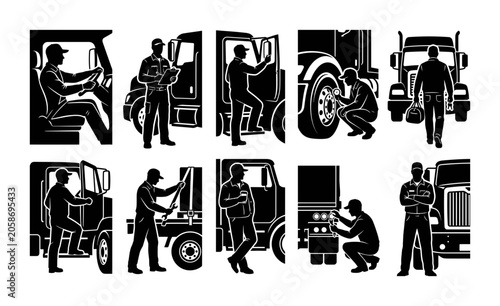Black and White Silhouettes of Professional Truck Drivers Performing Daily Transport and Vehicle Maintenance Tasks