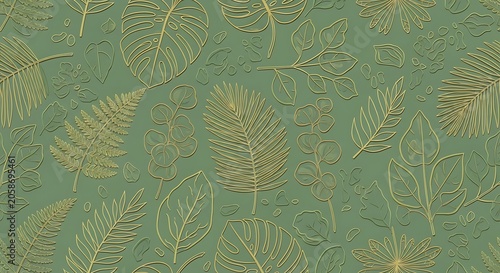 Golden Botanical Leaf Pattern Arranged on Soft Green Background