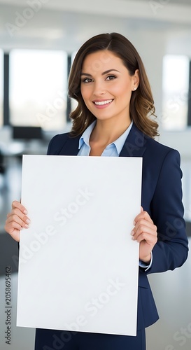 Smiling Businesswoman Holding Blank White Poster in Modern Office