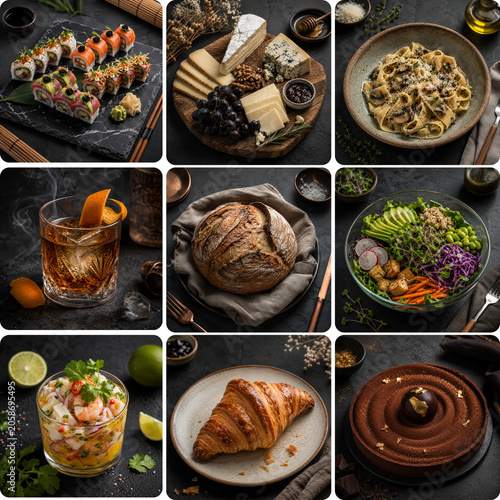 Assorted gourmet food spread with sushi, pasta, and desserts on table  