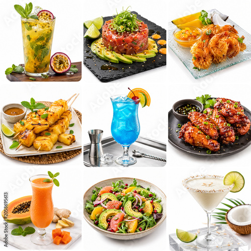 Delicious tropical cocktails and colorful dishes beautifully plated  