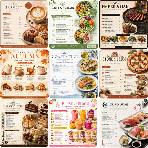 Colorful food menus with various dishes in modern design layouts  