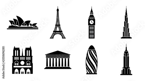 World landmark icons set, black silhouette travel symbols vector, famous global architecture monuments, 8 historic building illustrations for tourism