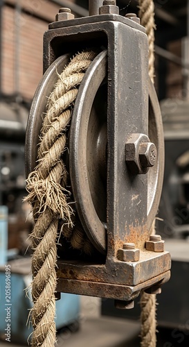 Weathered Industrial Pulley Holding Thick Rope in Old Workshop