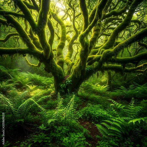 Ancient Moss Covered Tree Standing in Lush Green Forest