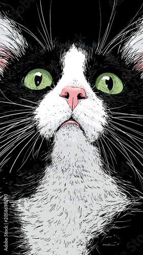 Black and white cat with bright eyes
