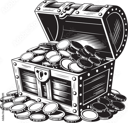 Vintage treasure chest filled with gold coins isolated on transparent background vector illustration.