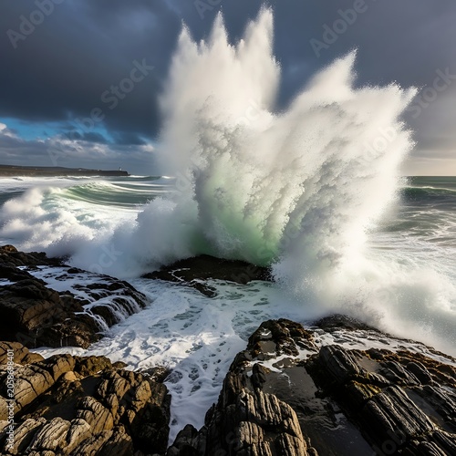 Powerful Ocean Wave Crashing Against Dark Rocky Coast Under Stormy Sky
