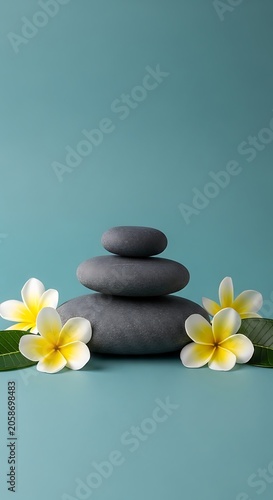Smooth Black Spa Stones Stacked with Tropical Frangipani Flowers on Teal Background