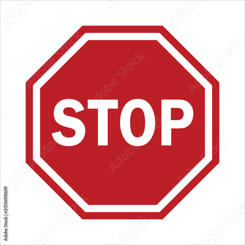 Red octagonal stop sign with white border. Traffic control symbol. Road safety.