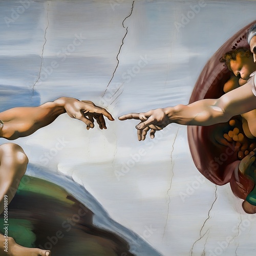 Detailed Renaissance Style Hands Reaching Toward Each Other on Painted Ceiling Mural