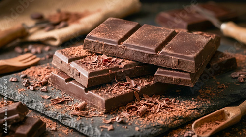 Tempting stack of dark chocolate bars sprinkled with cocoa powder and delicate chocolate shavings, beautifully presented on a rustic slate board with kitchen utensils.