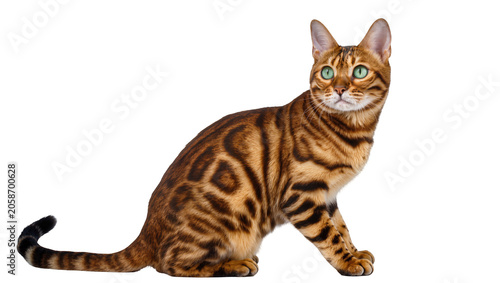 Canvas Print Bengal cat with green eyes and spotted fur, isolated on transparent background