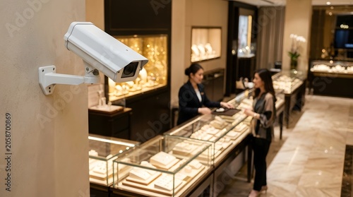 White CCTV security camera monitoring a luxury jewelry store while a staff member assists a customer at a glass display counter, retail surveillance theft prevention and shop security in high 