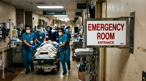 Medical team in scrubs rushing a patient on a gurney down a hospital corridor past an emergency room entrance sign, emergency medicine critical care and urgent healthcare response in a busy hospital