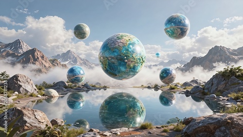 Surreal Landscape with Floating Mirror Spheres Reflecting Mountains and Calm Lake