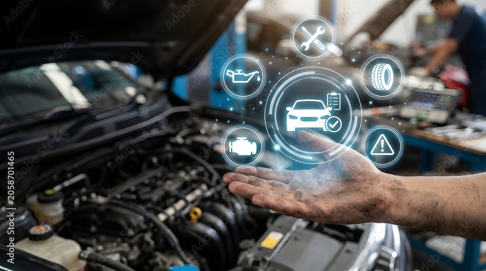 Fototapeta premium Mechanic open hand under a raised car hood with glowing holographic auto service icons floating above, digital vehicle diagnostics smart car maintenance and automotive repair technology in the garage