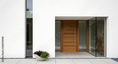 Modern Wooden Front Door Set in Minimal White House Entrance