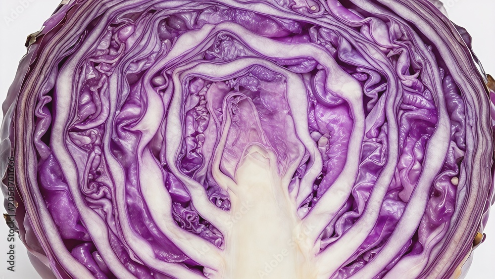 Fototapeta premium Macro Cross-Section of a Fresh Red Cabbage Showing Intricate Leaf Patterns