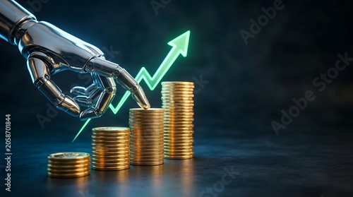 White robotic hand touching ascending stacks of gold coins with a glowing green upward arrow on a dark background, artificial intelligence financial growth automated investing and fintech profit 