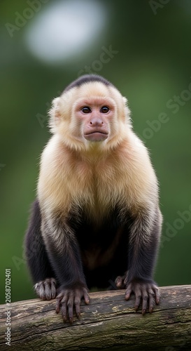 Alert White Faced Capuchin Monkey Sitting on Tree Branch in Green Forest
