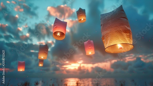 Floating lanterns with open flames rise into the night sky over water.