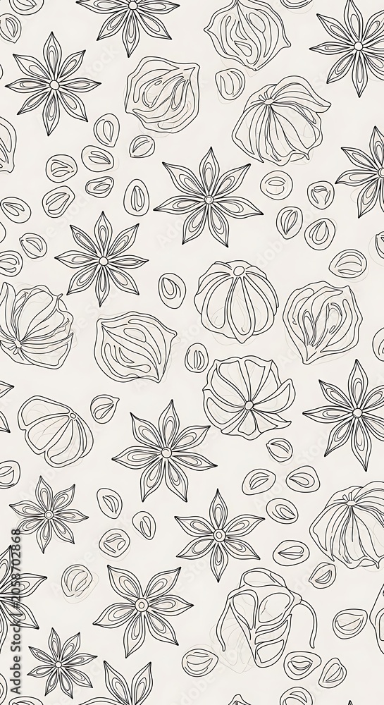 Fototapeta premium Black Botanical Spice Line Pattern Arranged on White Background