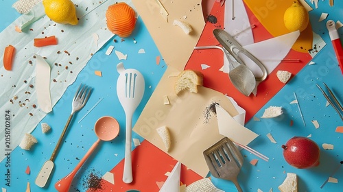 Abstract arrangement of kitchen utensils, food items, and colorful paper shapes on bright surface