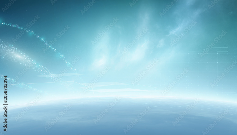 © aoi - 淡いブルーの宇宙空間に広がる未来的なデジタル背景