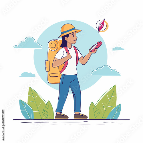 Traveler with Backpack and Compass