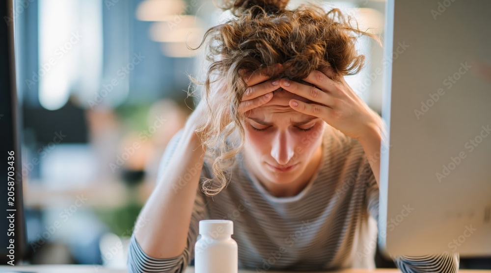 Fototapeta premium Young Woman Suffering From Headache Or Migraine Holding Her Head In Pain At Desk With Pills Bottle