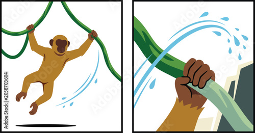 Photography Monkey Cartoon Illustration Holding a Green Rope Swing Above a Rainy Splash Scen