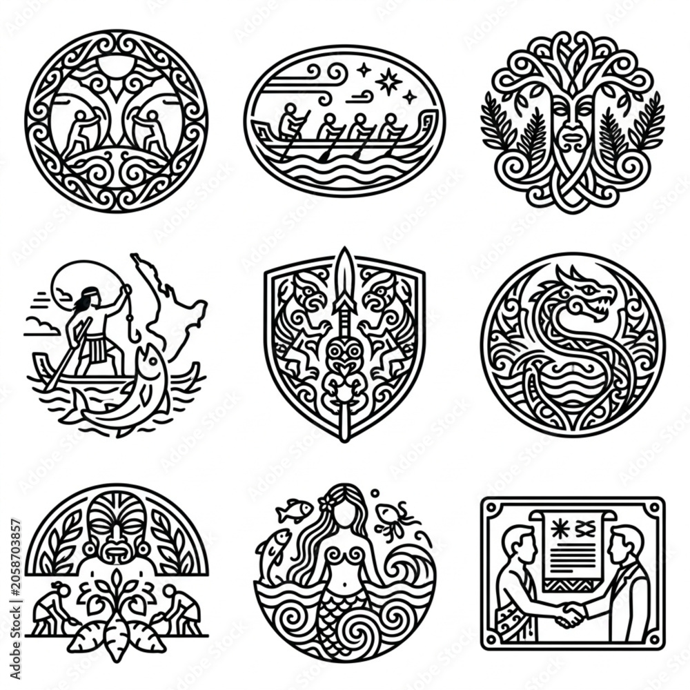 Obraz premium Collection of Nine Unique Norse Mythology Inspired Line Art Illustrations.