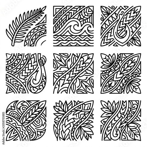Foto Maori Art Designs Fern Leaf Fish Hook Wave Patterns.