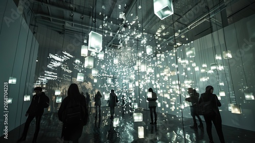 People exploring an art installation of hanging, illuminated cubes in a modern room.