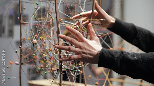 Abstract art piece with hands interacting with the complex structure with colors.