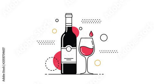 Modern line art illustration of a red wine bottle and glass with decorative dots and circles on white background.
