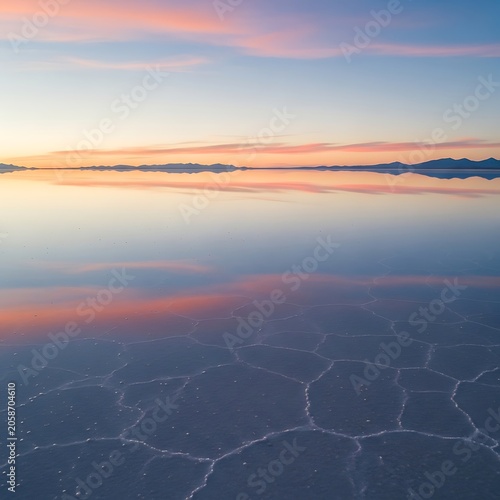 Pastel Sunset Reflected on Calm Salt Flat with Distant Mountain Horizon