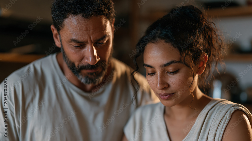 Fototapeta premium A father in a low-income apartment teaches his daughter to stretch rice and beans across multiple meals, both of them focused on the stovetop, the cramped kitchen lined with