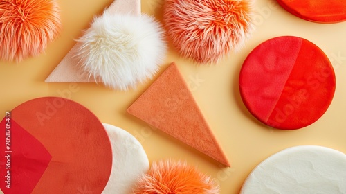 Abstract composition featuring fur elements and geometric shapes on pastel yellow background
