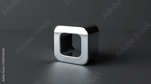 Abstract metallic cube rendering with soft light and shadows on background.