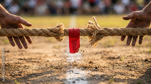 Tug war rope hand competition outdoor sport dirt field red flag dramatic contest as hands grip rough rope during tug of war