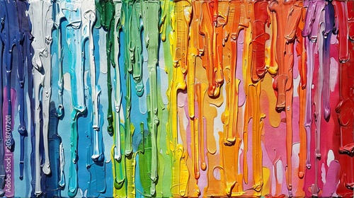 Abstract painting showcasing a spectrum of colors and dripping paint effects on canvas texture.